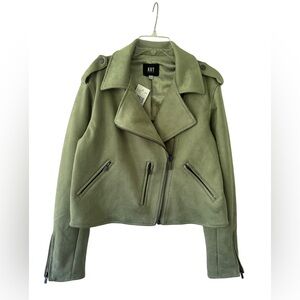 KUT from the Kloth Jackie Moto Jacket size Medium Celery green faux suede NWT